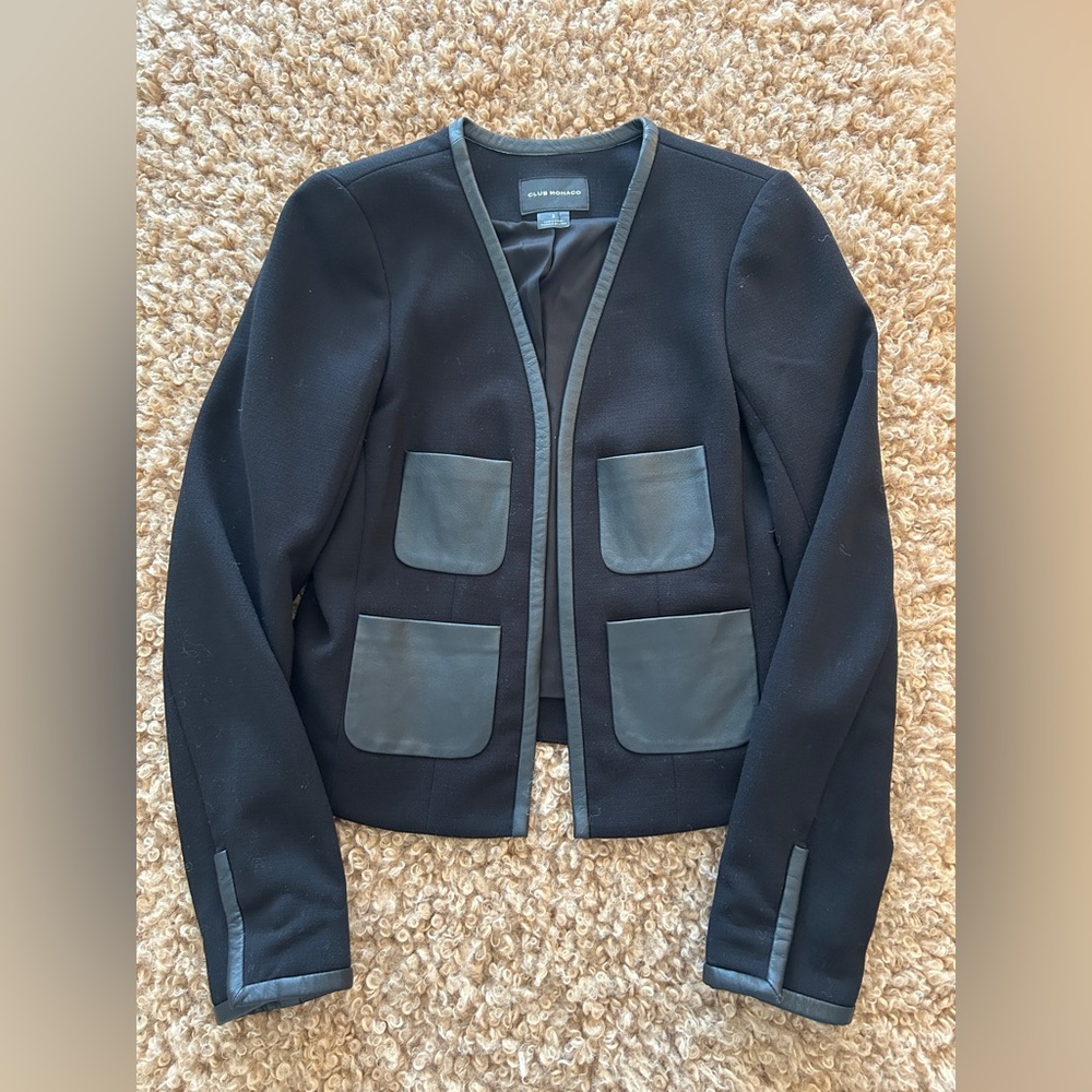 Club Monaco Black Women's Blazer w/ Leather Trim, Size 2